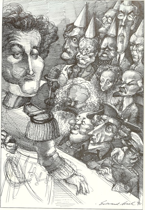 Horizon caption: 'Who would have won the honors if Clausewitz had taught a seminar on war? In Edward Sorel's reunion portrait, the bright students sit up front below their master.' Front row, L-R: Marx, Mao, Frederick the Great, Bismarck. Second row, L-R: Elizabeth I, Lenin. 'Dunces' in the rear, L-R: Napoleon, Eisenhower, F.D. Roosevelt, Churchill, Wilson, Marshall. 